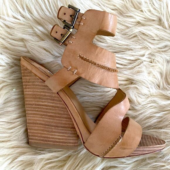 Leon Max Tan Wedge Sandals Chunky Heel Ankle Straps 8.5 New Boho Beach Vacation